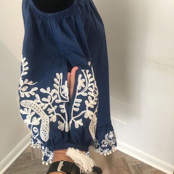 DEBBIE KATZ Boho Blue Off Shoulder Embroidered Pompoms Tassels Dress Cover Up S - Picture 5 of 10